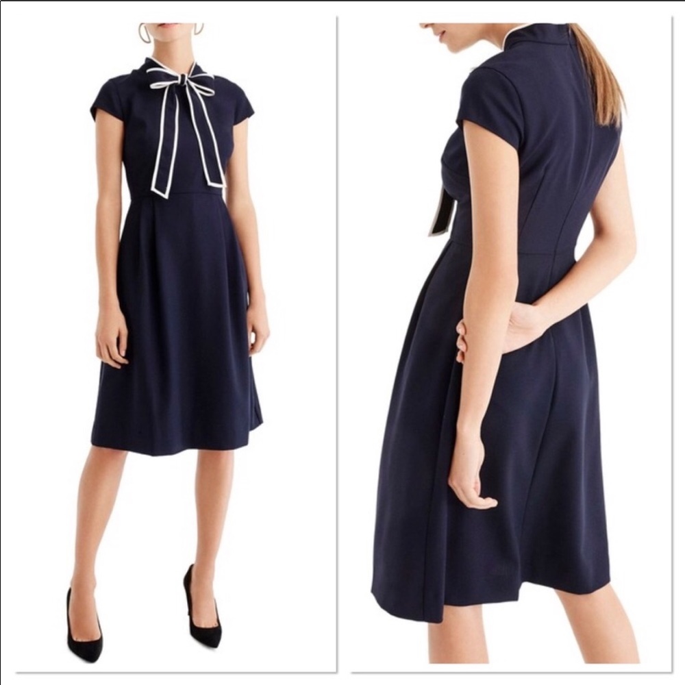 J. Crew Navy Midi Dress with White Bow Trim